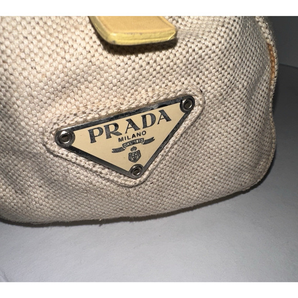 Prada Hand Bag Beige Yellow Canvas Leather Tote Authentic Vintage - Picture 6 of 15